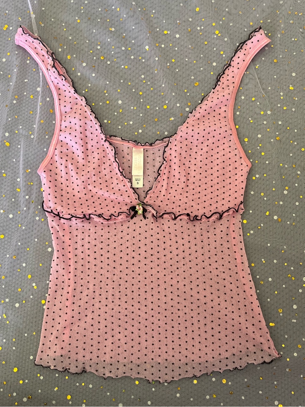 2000’s Victoria's Secret Pink & Black Polka Dot Mesh Chemise Top